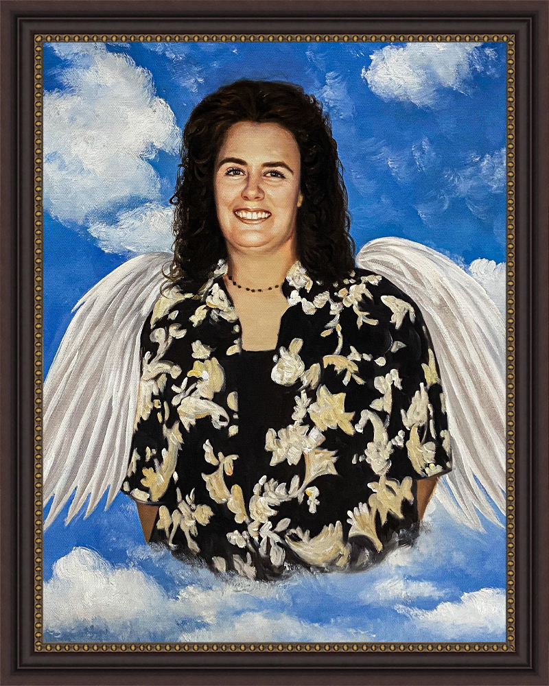 Memorial oil painting of woman with angel wings against a sky background